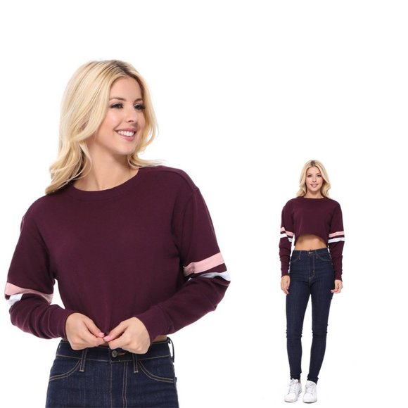 Reflex Sweaters - Red Long Sleeve Cropped Sweater Round Neck